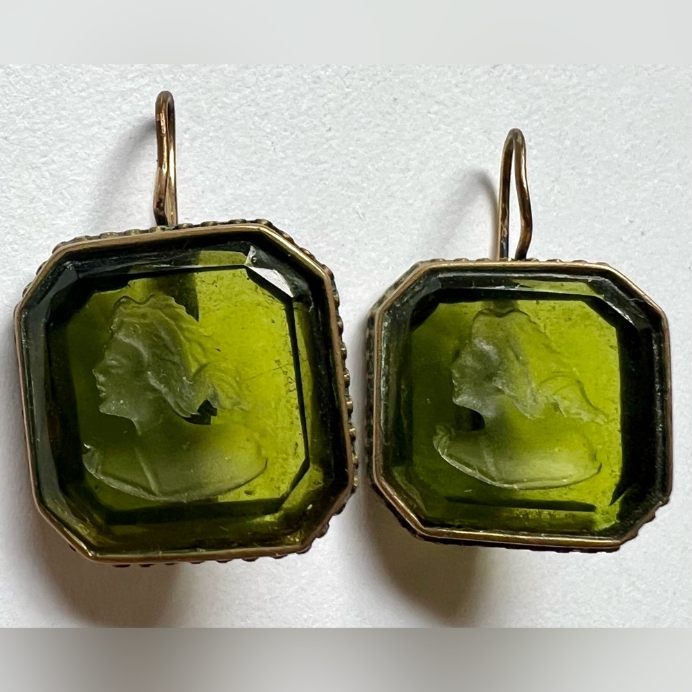 Vintage Cameo Green Etched Glass Drop Earrings Brass Setting Pre Owned
